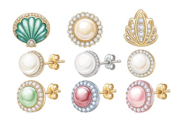 set of watercolor Timeless Pearl Stud Earrings Pure Elegance vector illustration isolated on white background