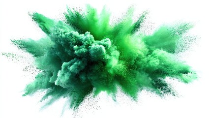 A vibrant green powder explosion captured mid-air against a white background, showcasing dynamic motion and texture.