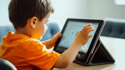 Young boy engaging in educational tablet activity at home - Powered by Adobe