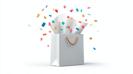Gift bag with tissue paper peeking out and confetti falling, shopping icon, transparent background