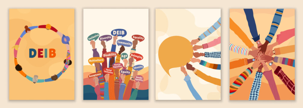 Diversity inclusion equality template with raised hands group teamwork unity people concept