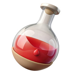 A stylized glass flask containing vibrant red liquid with a single drop suspended inside isolated on transparent background