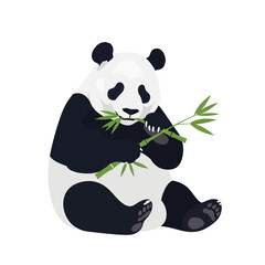 A seated giant panda enjoying a meal of fresh green bamboo stalks.