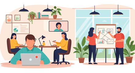 Remote work team collaboration landing page illustration featuring diverse professionals working from home and in office, using laptops and video conferencing for seamless communication and