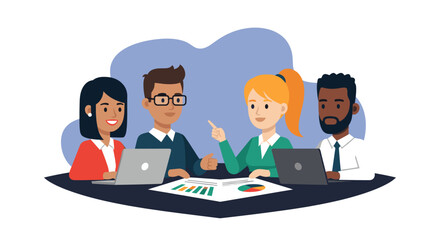 A diverse team of professionals collaborates around a table, analyzing data and discussing strategies, ideal for business presentations and remote work concepts.