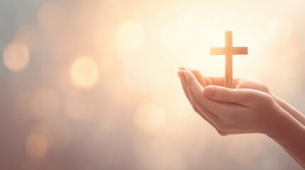 Hand Holding Cross Symbol in Soft Sunlight with Warm Bokeh Background.