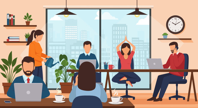 An illustration depicting a modern office environment where diverse professionals are engaged in various tasks, including remote work and well-being activities.