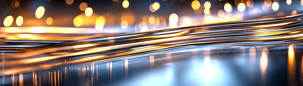 Poster Glowing golden light trails and bokeh reflections on smooth water surface create atmospheric abstract background with warm illumination and depth effect.