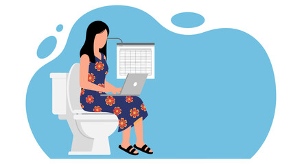 A vector illustration humorously depicts a woman working on her laptop while sitting on a toilet, symbolizing the pervasive nature of remote work.