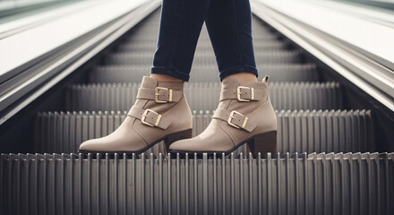 Stylish Boots Standing on a Moving Escalator