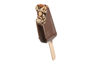 a chocolate covered ice cream bar with nuts on top