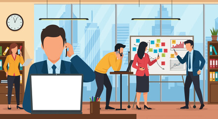 A team of diverse business professionals collaborates effectively in a busy, modern open-plan office environment, showcasing teamwork and productivity.