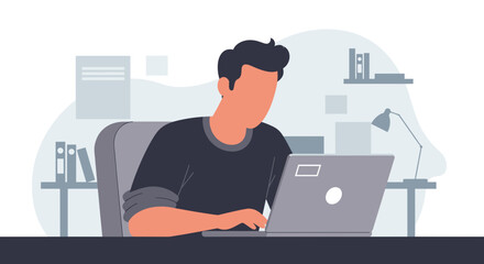 An illustration depicts a remote worker diligently working on a laptop at home, showcasing the modern work-from-home lifestyle and digital nomadism trend.