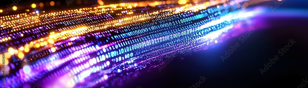 Poster digital binary code stream with glowing blue and orange light effects flowing through dark space, re