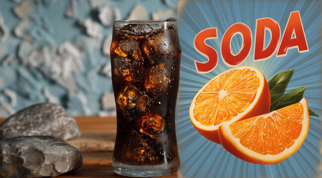 vintage soda ad with orange slices, 1950s poster style, bold typography, radiant citrus background, retro print texture, sunburst design
