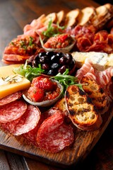 A lavish spread of cured meats, cheeses, olives, and artisan bread is beautifully presented on a wooden board, showcasing vibrant colors and textures perfect for sharing