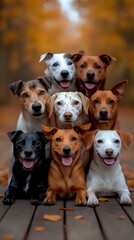 Group of eight happy mixed breed dogs posing together on wooden deck with autumn foliage background, showing diverse colors and expressions in outdoor setting.
