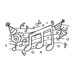 Festive musical celebration with party hats, confetti, and musical notes. Hand drawn vector illustration
