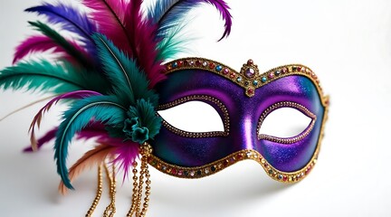 Ornate purple masquerade mask with teal pink feathers and gold beads image