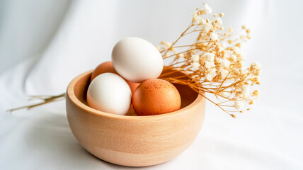 A minimalist still life photograph of eggs and dried flowers in a wooden bowl against a plain white background