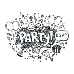 Obraz premium Fun party doodle with balloons, hats, and confetti celebrations. Hand drawn vector illustration