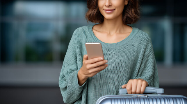 Woman with suitcase and phone, checking itinerary or booking app. Keywords: travel itinerary, app check, phone travel planning, booking app, travel schedule, luggage ready, travel
