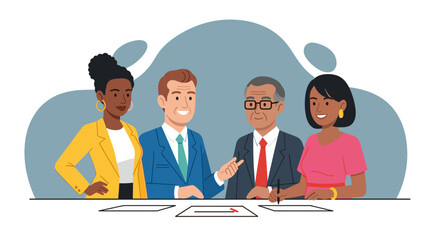 A diverse group of business professionals engages in a collaborative meeting, discussing important documents in a modern flat illustration style.