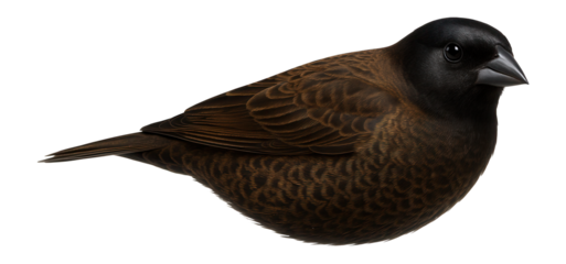 Speckled brown cowbird with a short beak and a glossy black head