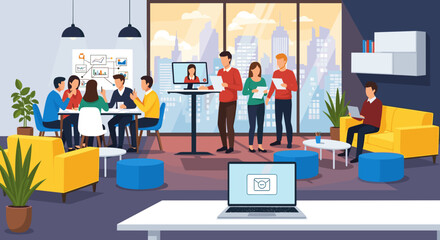 Diverse team members collaborate in a modern office setting, connecting with remote colleagues via video conference, fostering a dynamic and inclusive work environment.