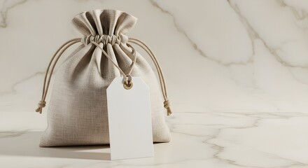 Fototapeta premium Linen Drawstring Pouch with Blank Label Tag on Marble Table