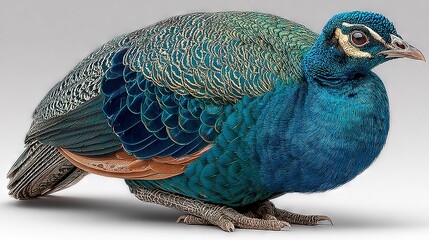 Obraz premium A blue and green bird perched on a white floor beside a white wall against a gray backdrop