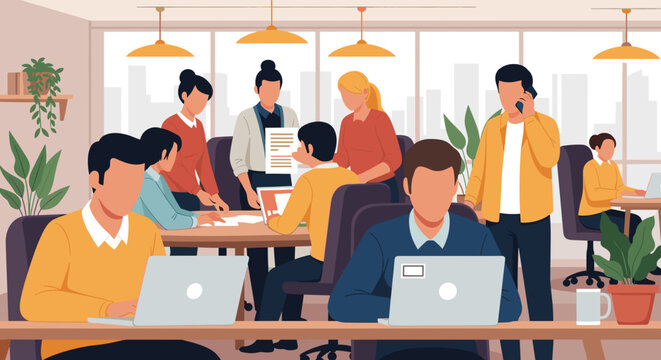 Diverse group of colleagues working together in a modern, bright office, collaborating on projects and utilizing laptops in a bustling, collaborative environment.