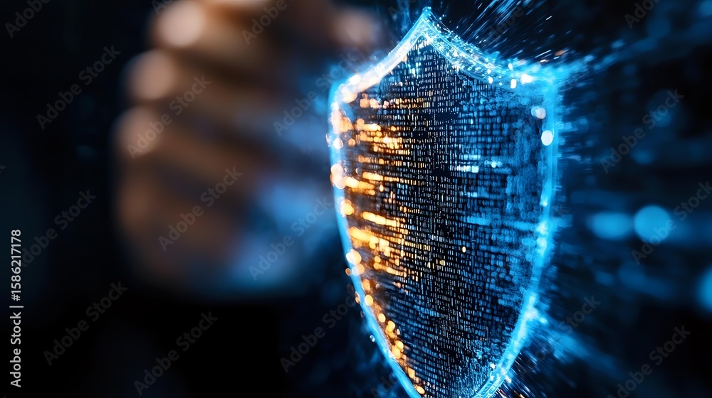 Poster digital shield made of binary code glowing with blue and orange light against dark background, repre