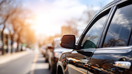 Parked cars basking in sunlight on a city street during spring, showcasing vibrant colors and inviting atmosphere