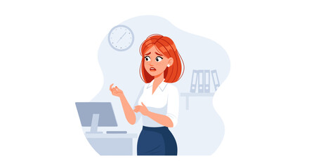 A worried red-haired businesswoman in a professional office setting looks overwhelmed by work, illustrating stress and anxiety.