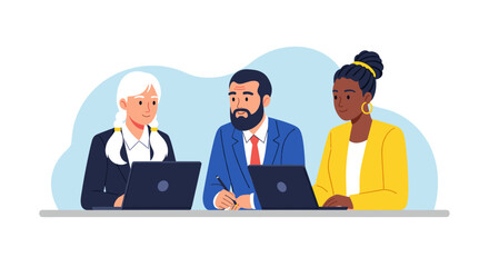 Diverse business professionals collaborating on laptops during an important meeting, discussing strategy and ideas in a modern office environment.