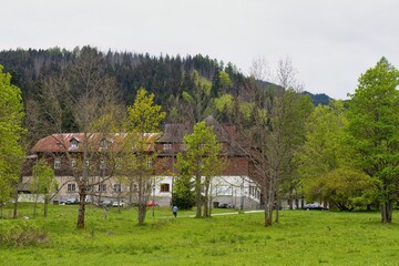 Building with a red tile roof sits in a green meadow, framed by trees and a distant forest  in Zakopane - Lesser Poland - Poland
