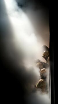 Hero rescuer: firefighter action, smoke challenge, ladder ascent, courage display, flame battle, uniform stance, urgent mission, brave gesture, safety effort, emergency response