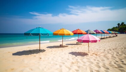 Fototapeta premium Colorful beach umbrellas line a pristine white sand shore