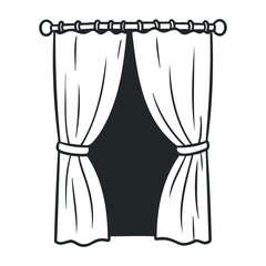 Elegant black and white curtains with tied back design for interior decor. Hand drawn vector illustration