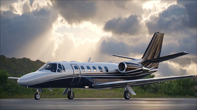 Private jet ready for takeoff on the airport runway at sunset with dramatic lighting and bokeh effect