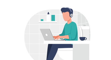 A man wearing headphones works on a laptop at a desk, focusing on his online tasks in a modern, minimalist workspace.