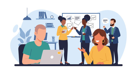 Diverse team members collaborate in a modern office setting, discussing ideas and strategies while working on projects with a collaborative mindset.