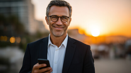 A stylish mature businessman with glasses using a smartphone on a city street at sunset, smiling confidently, dressed in a suit, modern urban lifestyle senior businessman, modern p