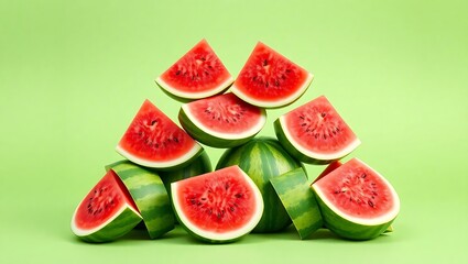 Abundance of Watermelon: Fresh Whole and Sliced Portions Piled on a Green Background