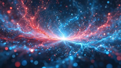 Energy Clash: Abstract Red and Blue Particle Collision with a Bright Center, A Dynamic Abstract Background with a Striking Fusion of Red and Blue Energetic Particles