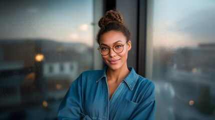 Fototapeta premium Portrait of a trendy young woman with glasses and top bun hairstyle, wearing a belted denim dress, standing beside a textured glass window in daylight SEO keywords: portrait photog