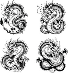 Obraz premium dragon silhouette, flying dragon silhouette, dragon clipart, fantasy dragon vector, dragon outline, black dragon silhouette