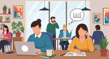 A vibrant open-plan office environment where diverse professionals are actively engaged in various tasks, fostering productivity and teamwork.