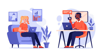 A vibrant illustration showcases two diverse professionals working remotely, one on a couch and another in a home office during a video conference.